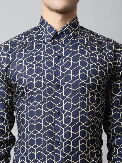 Jainish Men's Navy Blue Classic Printed Formal Shirt - Distacart