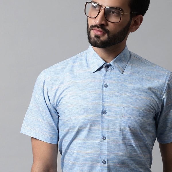 Jainish Men's Blue Woven Design Short Sleeves Formal Shirt - Distacart
