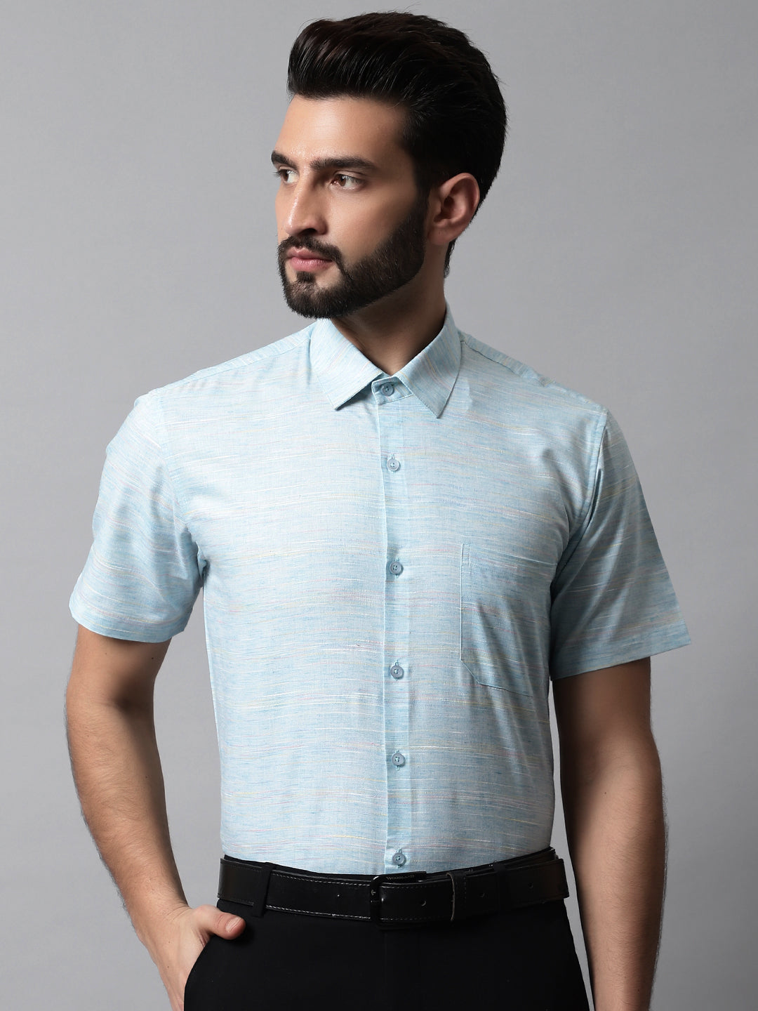 Jainish Men's Sky Blue Woven Design Short Sleeves Formal Shirt - Distacart