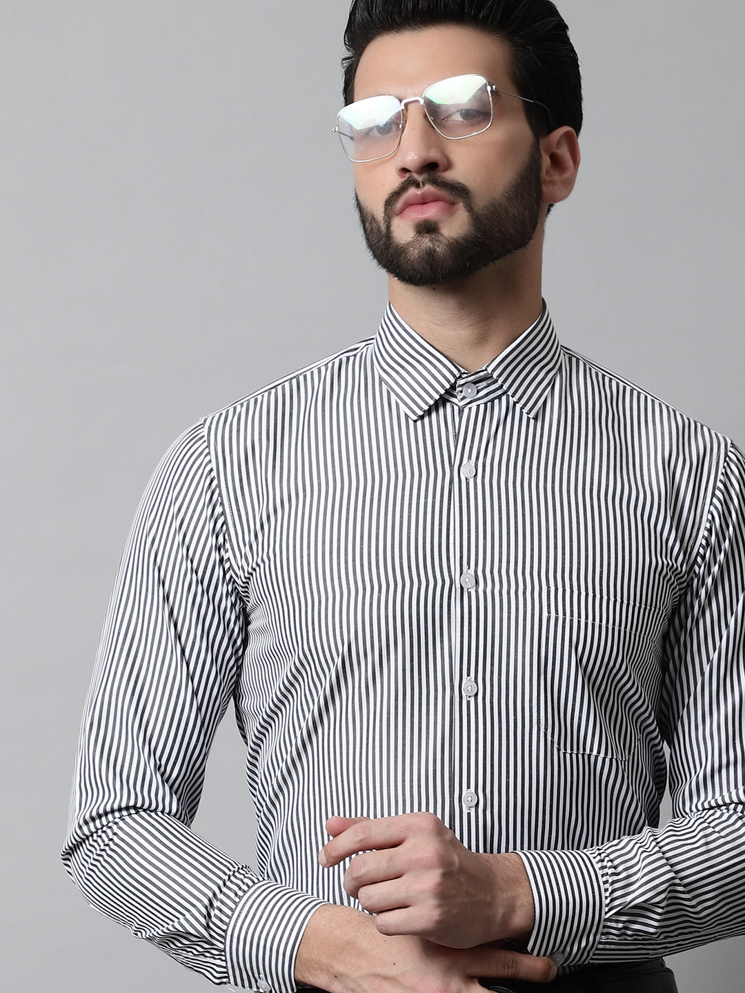 Jainish Men's Black & White Regular Fit Striped Formal Shirt - Distacart