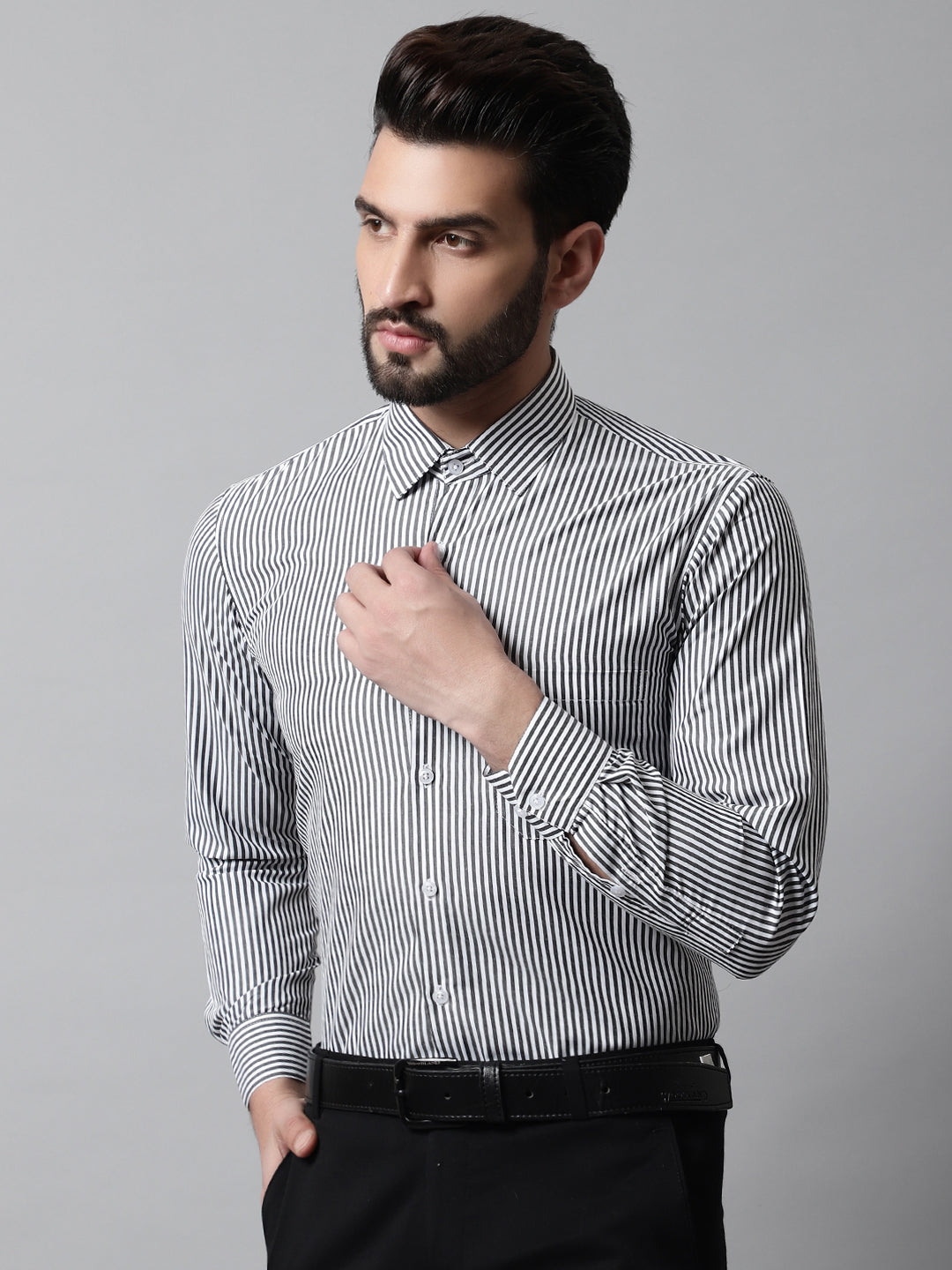 Jainish Men's Black & White Regular Fit Striped Formal Shirt - Distacart