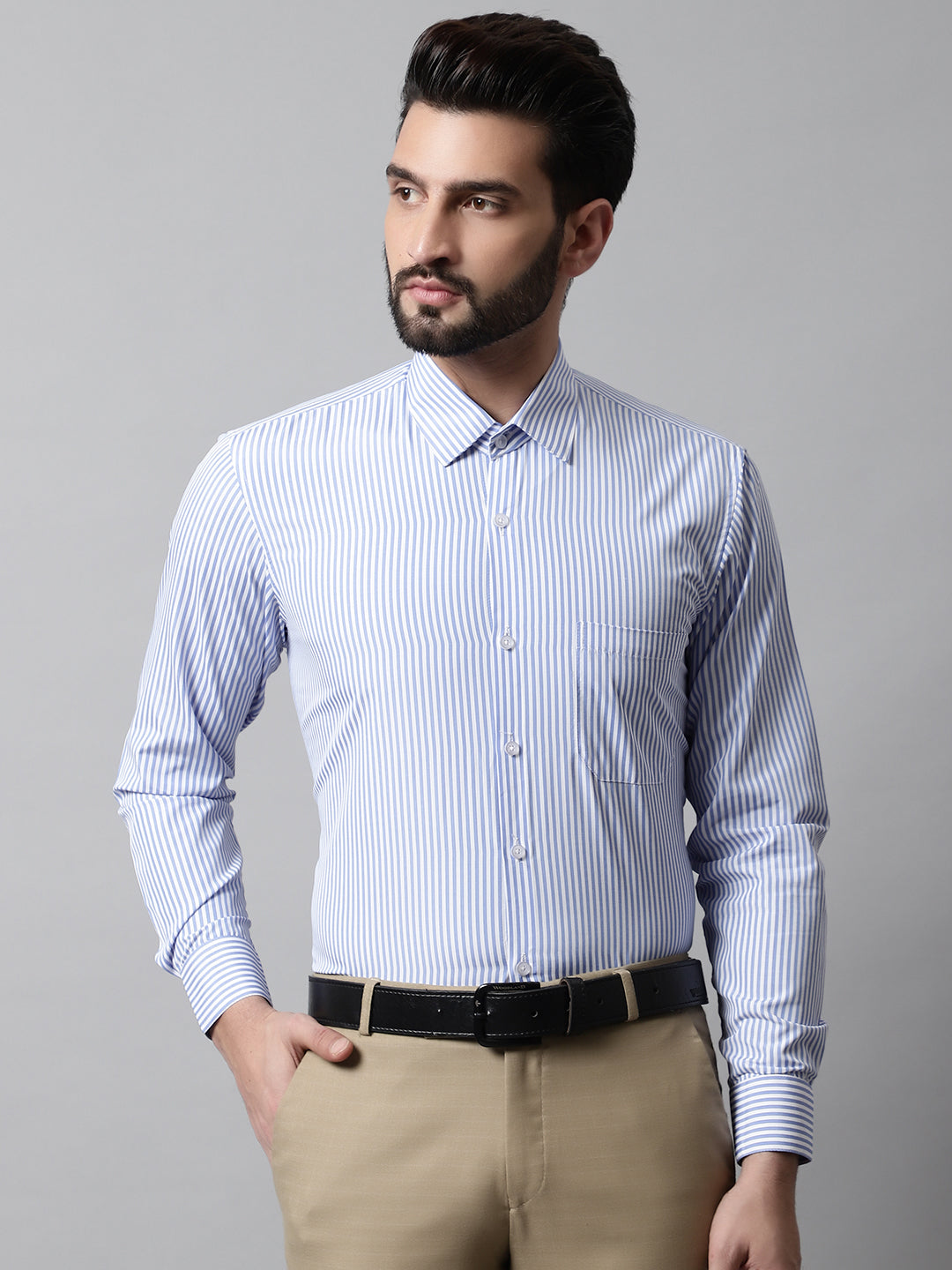 Jainish Men's Blue & White Regular Fit Striped Formal Shirt - Distacart