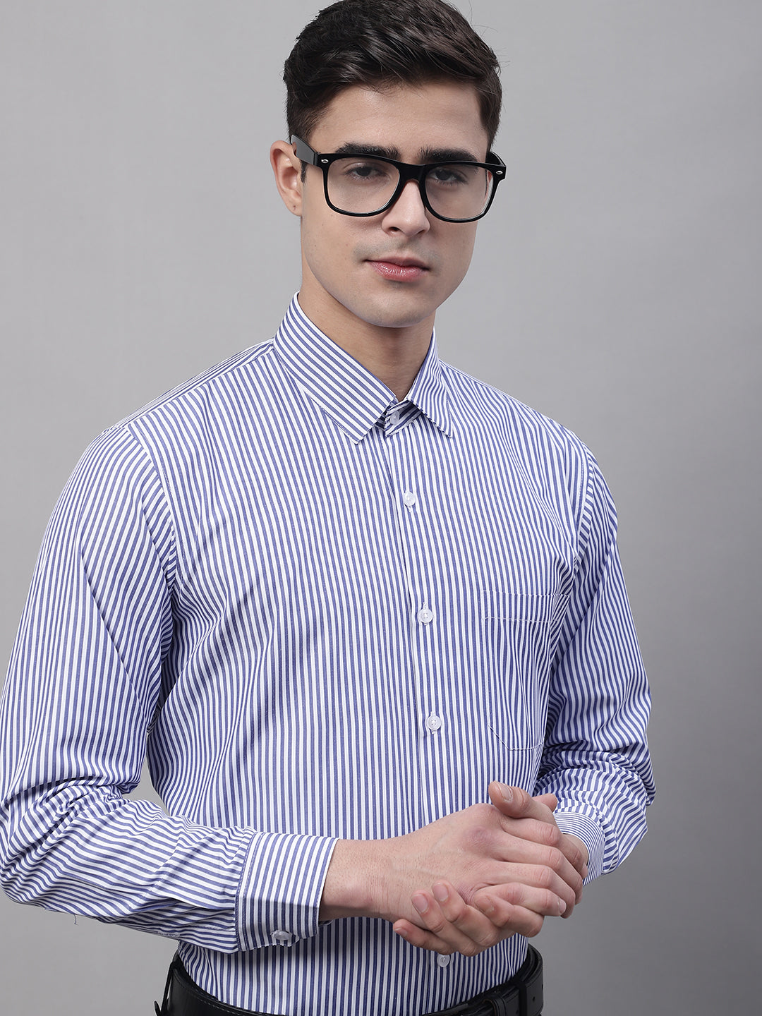Jainish Men's Navy Blue & White Regular Fit Striped Formal Shirt - Distacart