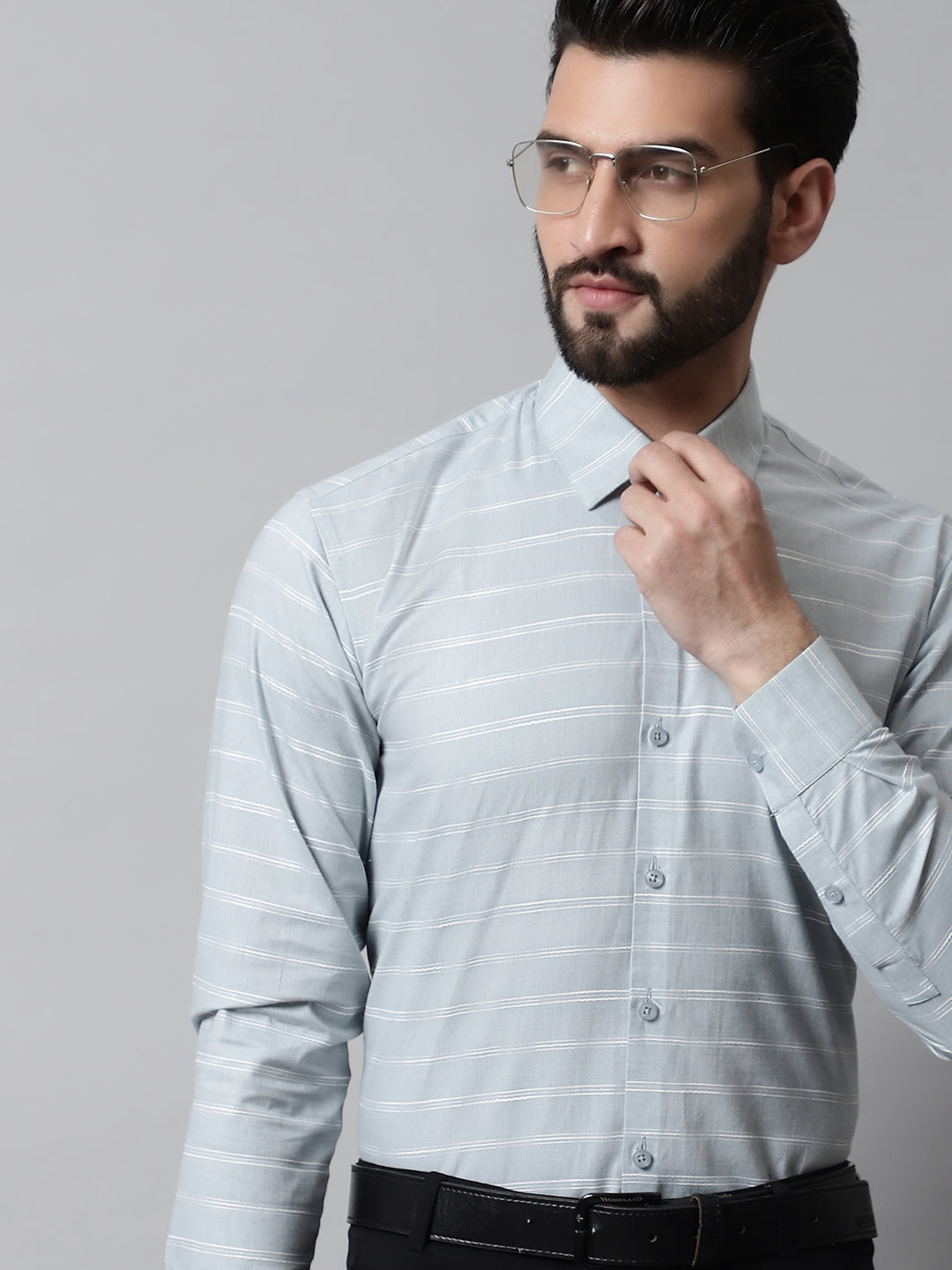 Jainish Men's Grey Classic Striped Formal Cotton Shirt - Distacart