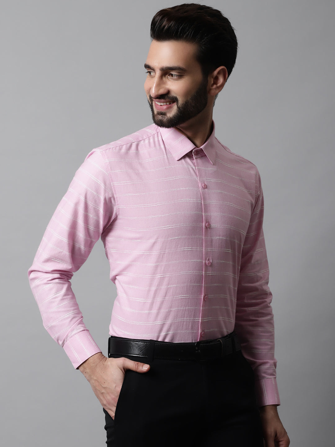 Jainish Men's Pink Classic Striped Formal Cotton Shirt - Distacart