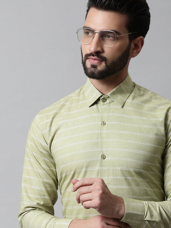 Jainish Men's Pista Green Classic Striped Formal Cotton Shirt - Distacart