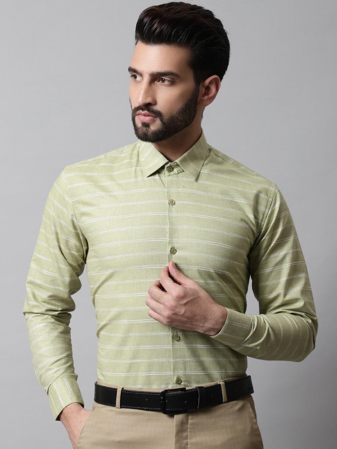 Jainish Men's Pista Green Classic Striped Formal Cotton Shirt - Distacart