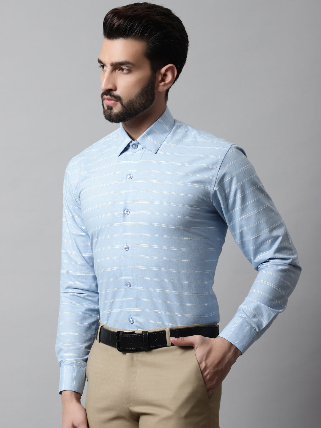 Jainish Men's Sky Blue Classic Striped Formal Cotton Shirt - Distacart