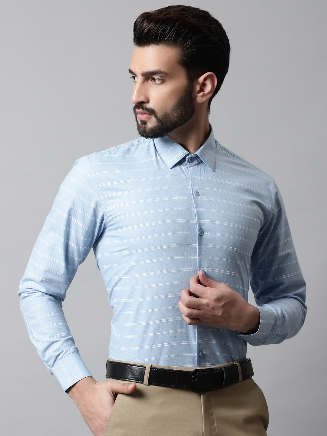 Jainish Men's Sky Blue Classic Striped Formal Cotton Shirt - Distacart