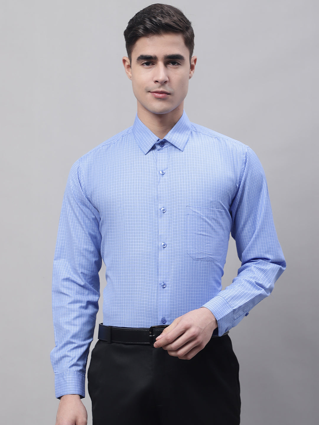 Jainish Men's Blue Micro Checked Formal Shirt - Distacart
