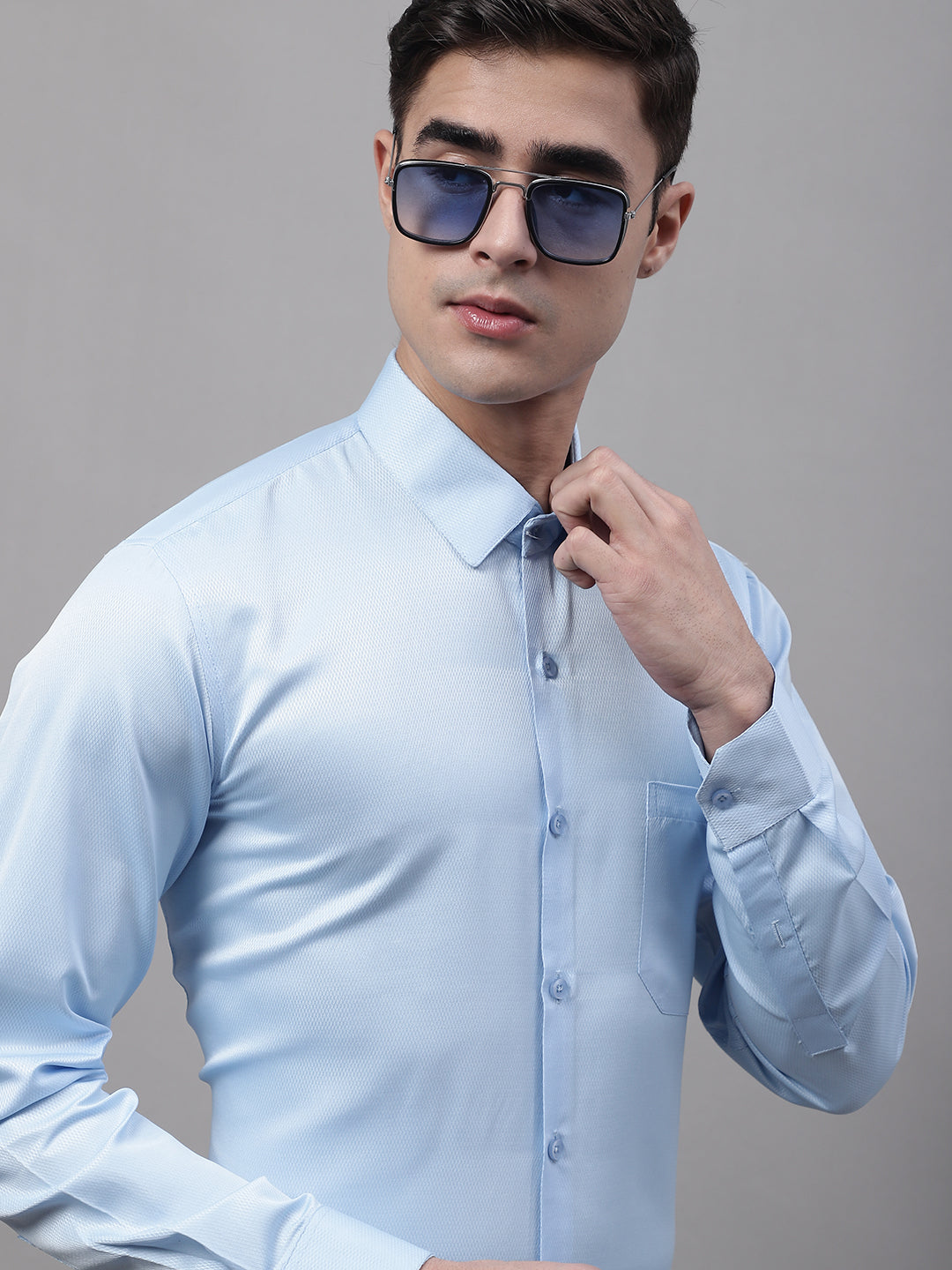 Jainish Men's Light-Blue Dobby Textured Formal Shirt - Distacart