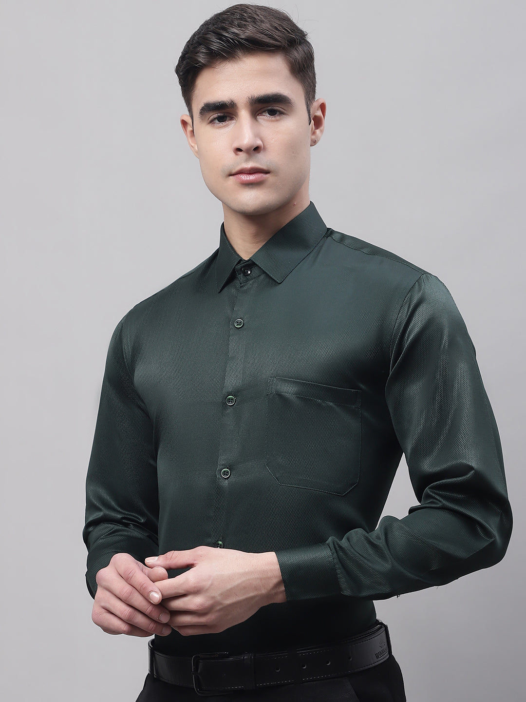 Jainish Men's Olive Green Dobby Textured Formal Shirt - Distacart