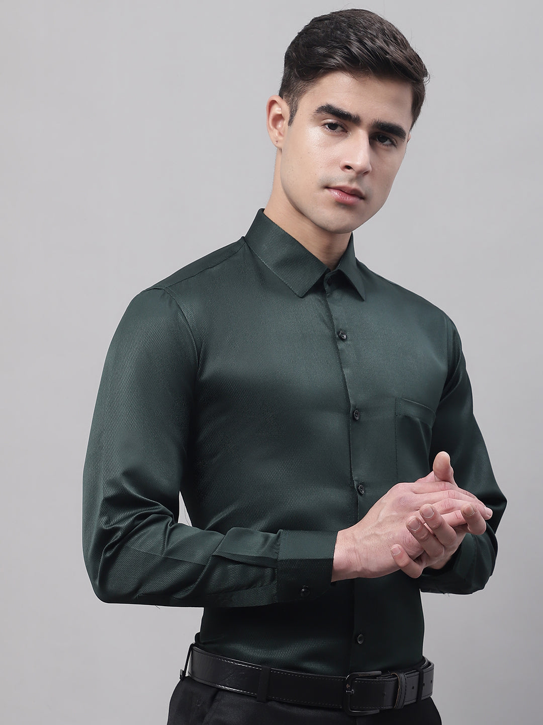 Jainish Men's Olive Green Dobby Textured Formal Shirt - Distacart