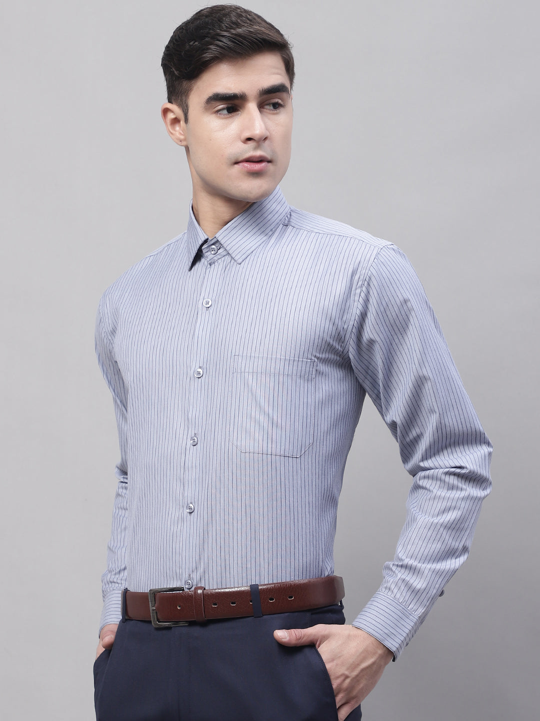 Jainish Men's Grey Vertical Striped Formal Shirt - Distacart