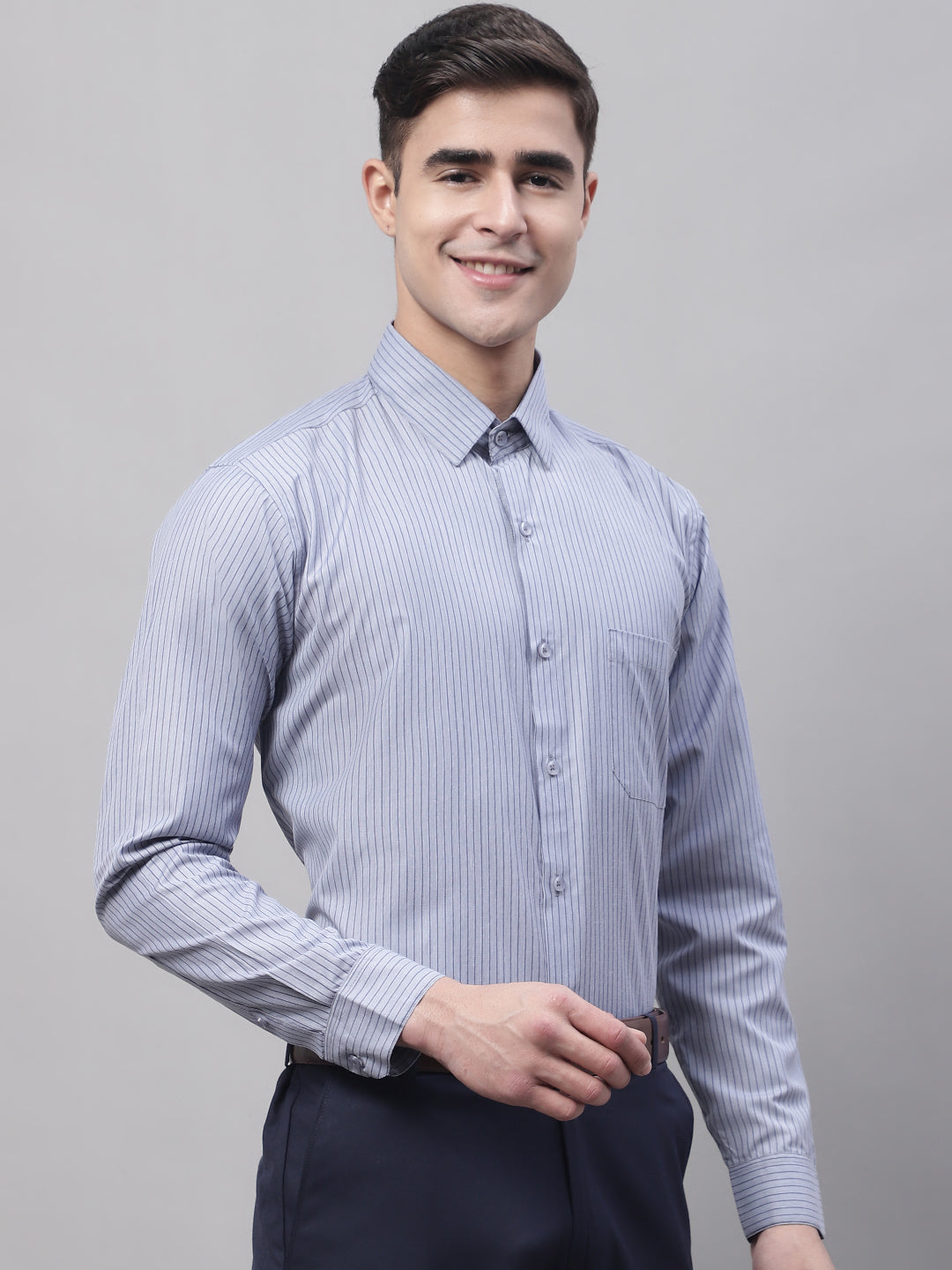 Jainish Men's Grey Vertical Striped Formal Shirt - Distacart