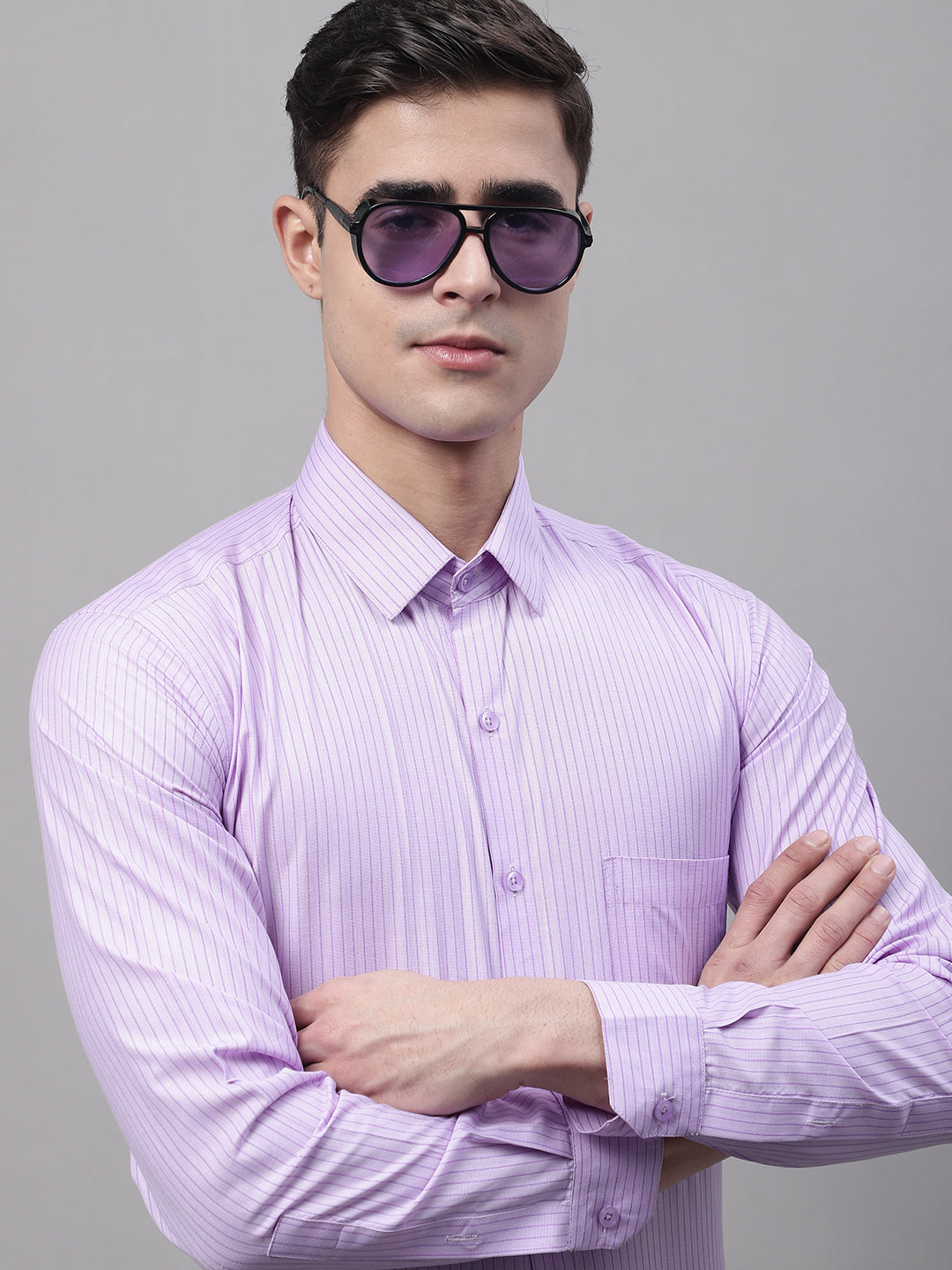 Jainish Men's Purple Vertical Striped Formal Shirt - Distacart