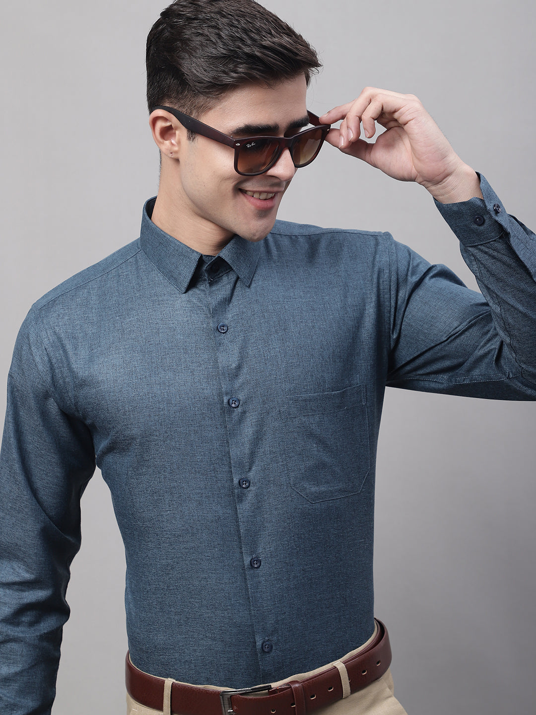 Jainish Men's Teal Blue Cotton Solid Formal Shirt - Distacart