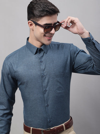 Jainish Men's Teal Blue Cotton Solid Formal Shirt - Distacart