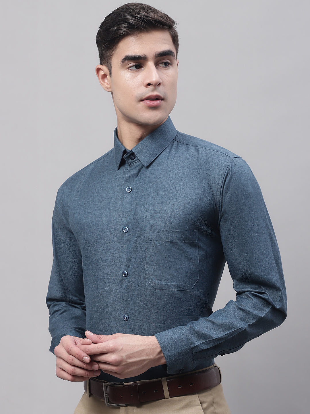 Jainish Men's Teal Blue Cotton Solid Formal Shirt - Distacart