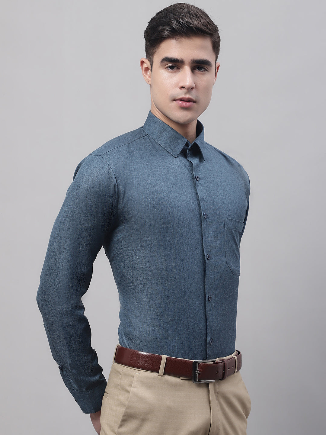 Jainish Men's Teal Blue Cotton Solid Formal Shirt - Distacart