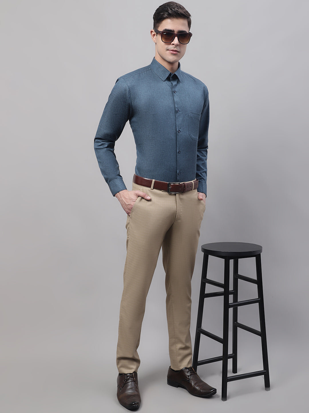 Jainish Men's Teal Blue Cotton Solid Formal Shirt - Distacart