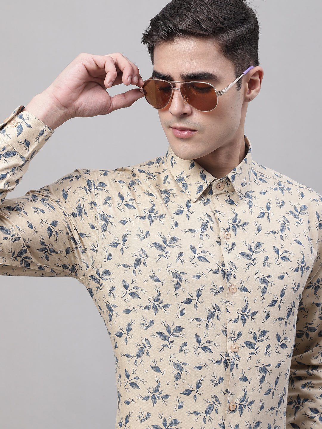 Jainish Men's Beige Regular Fit Printed Pure Cotton Formal Shirt - Distacart