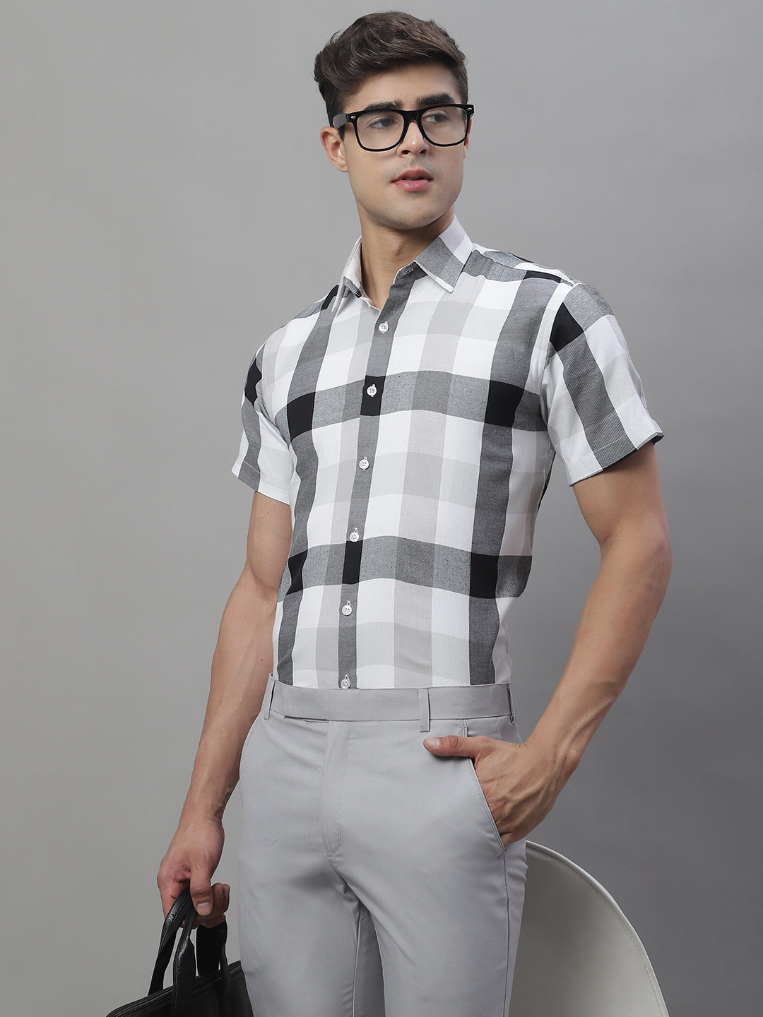 Jainish Men's Pure Cotton Checked Formal Shirts - Black - Distacart