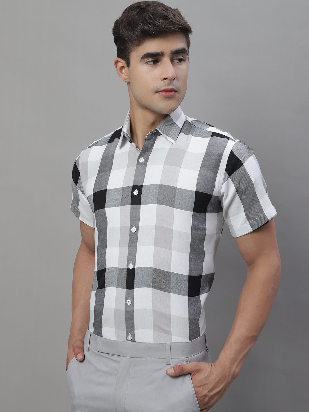 Jainish Men's Pure Cotton Checked Formal Shirts - Black - Distacart