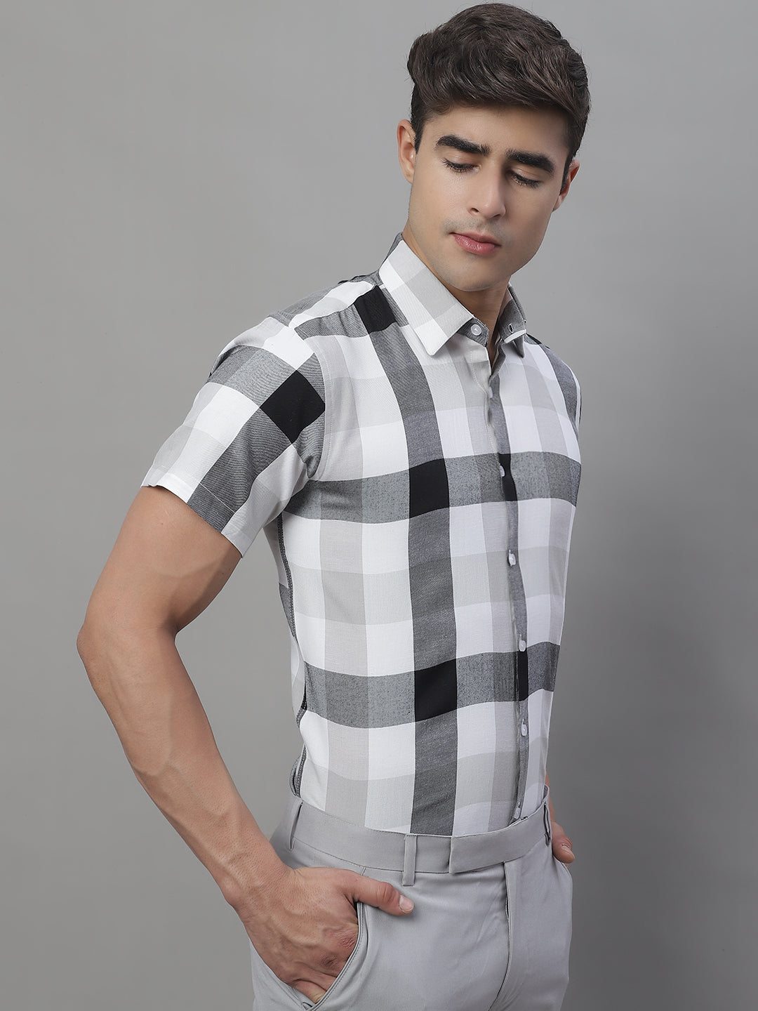 Jainish Men's Pure Cotton Checked Formal Shirts - Black - Distacart