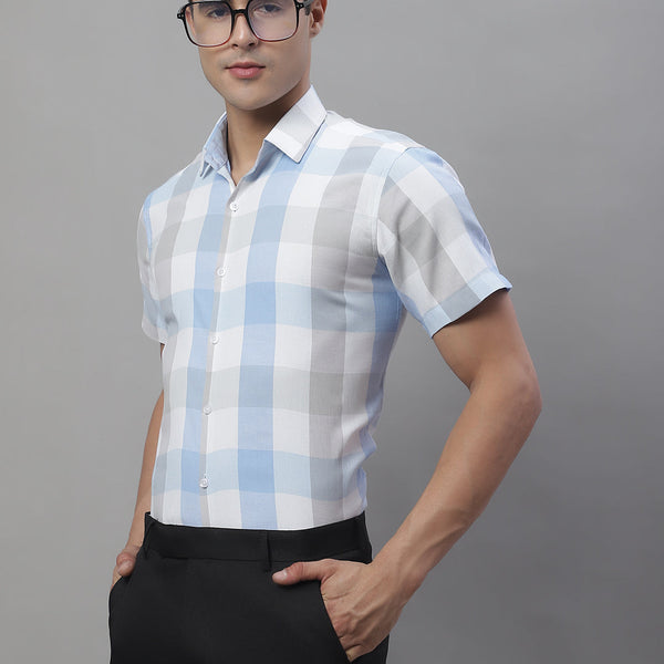 Jainish Men's Pure Cotton Checked Formal Shirts - Blue - Distacart