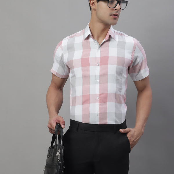 Jainish Men's Pure Cotton Checked Formal Shirts - Pink - Distacart