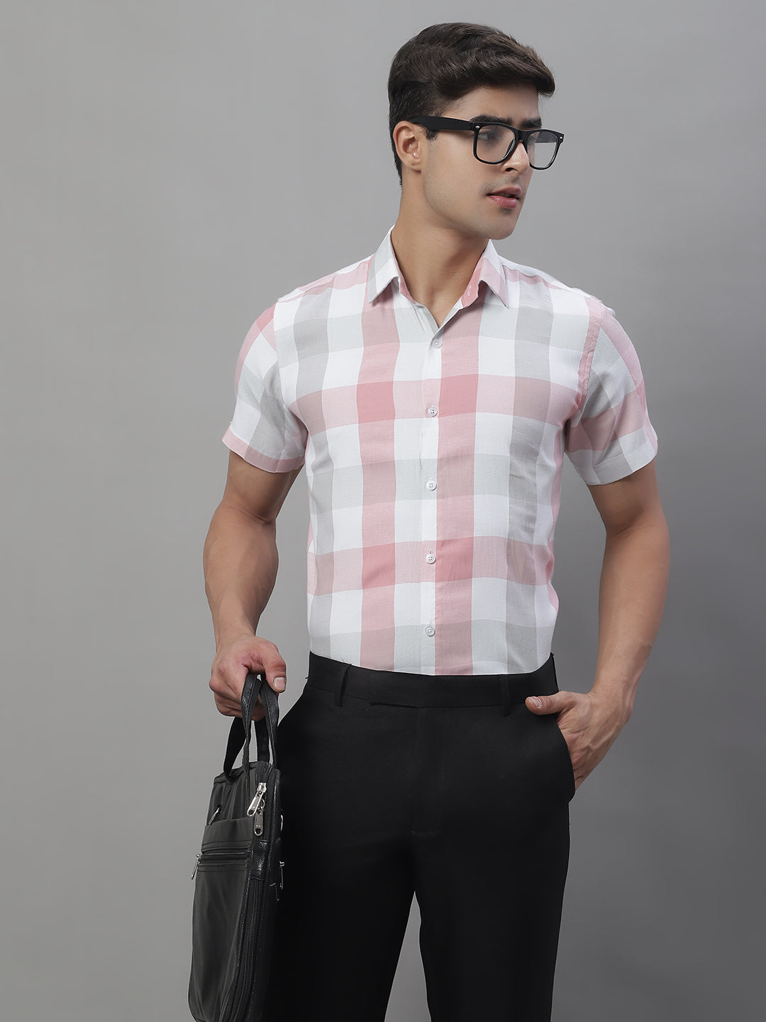 Jainish Men's Pure Cotton Checked Formal Shirts - Pink - Distacart