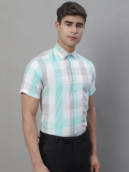 Jainish Men's Pure Cotton Checked Formal Shirts - Sky Blue - Distacart