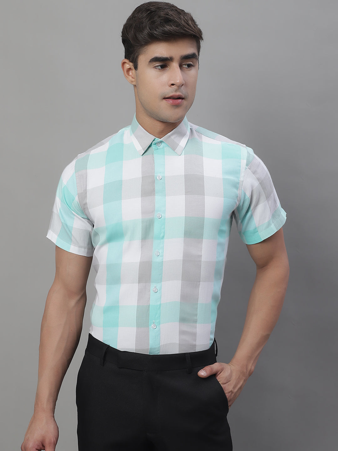 Jainish Men's Pure Cotton Checked Formal Shirts - Sky Blue - Distacart