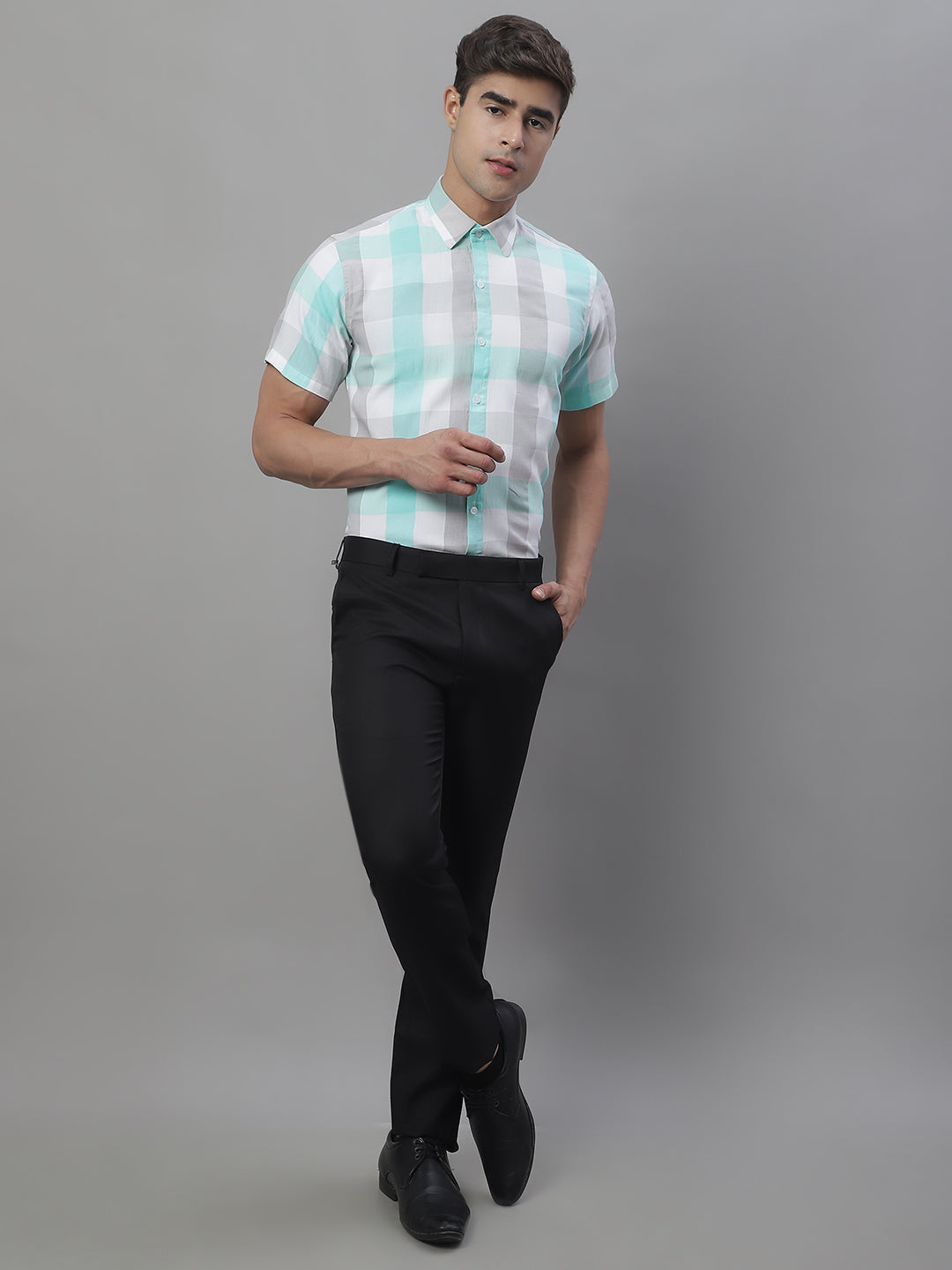 Jainish Men's Pure Cotton Checked Formal Shirts - Sky Blue - Distacart