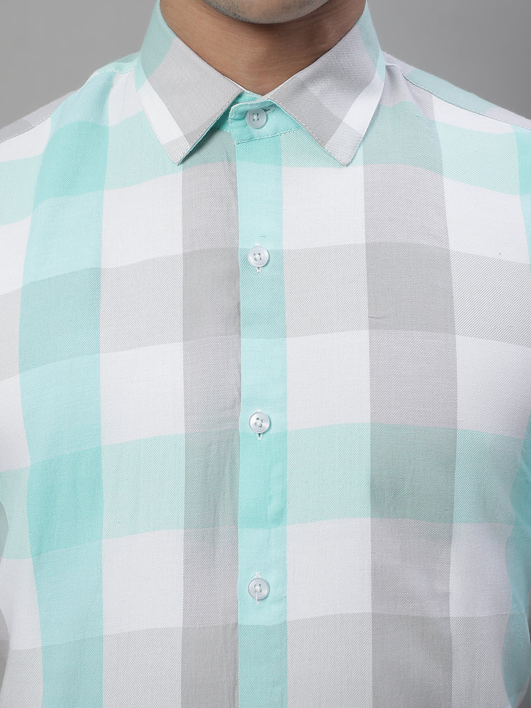 Jainish Men's Pure Cotton Checked Formal Shirts - Sky Blue - Distacart