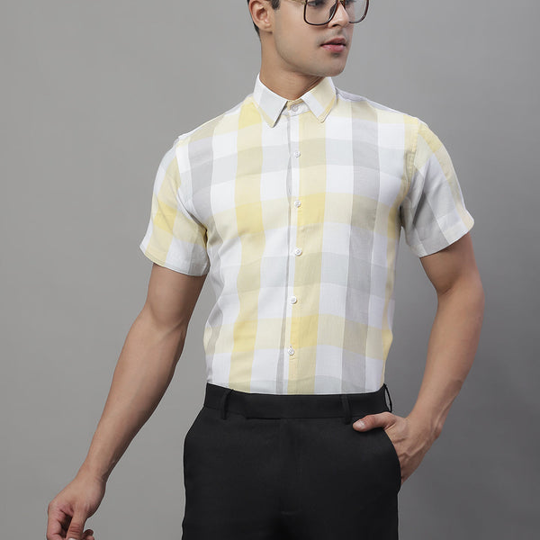 Jainish Men's Pure Cotton Checked Formal Shirts - Yellow - Distacart
