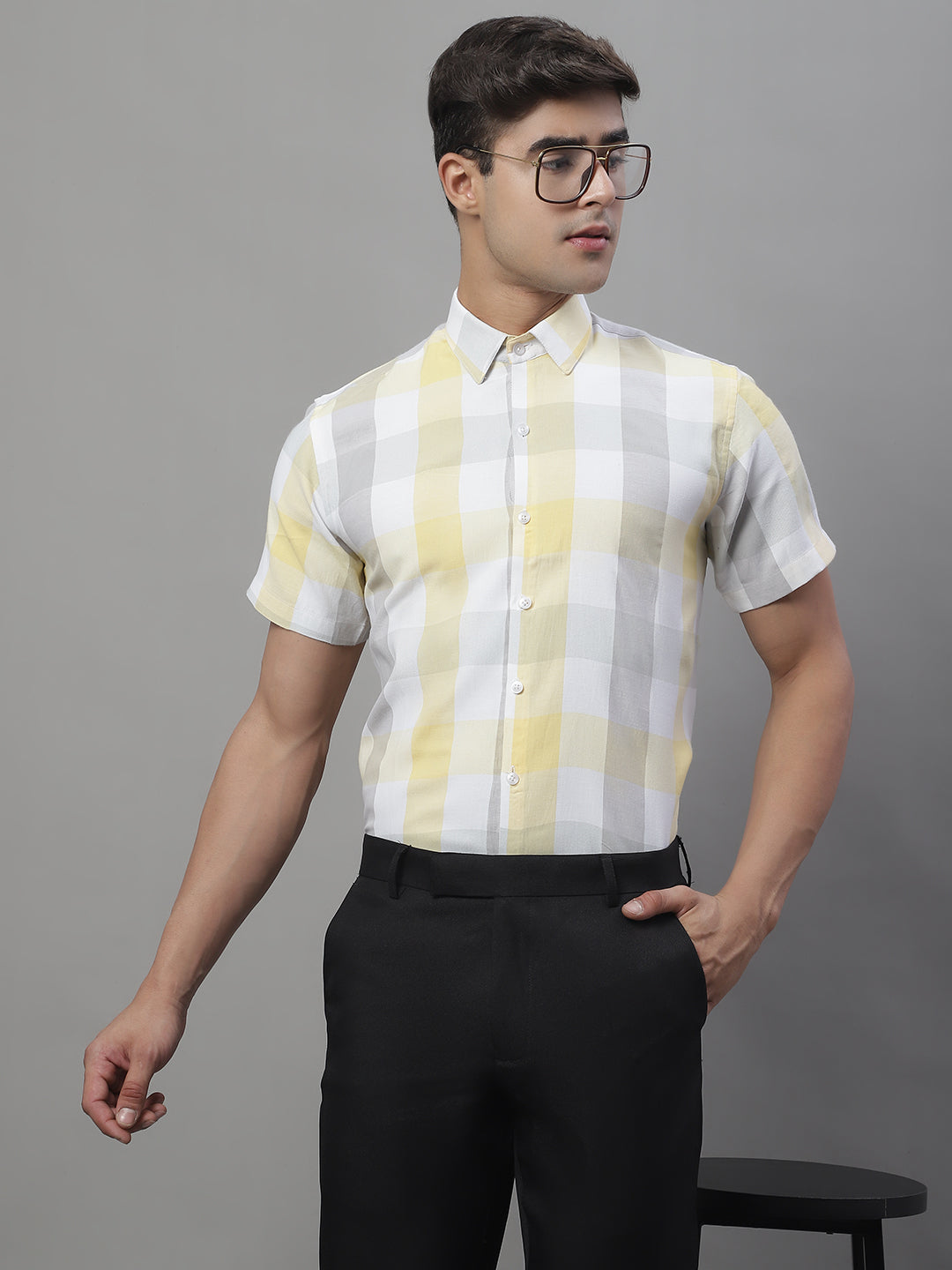 Jainish Men's Pure Cotton Checked Formal Shirts - Yellow - Distacart