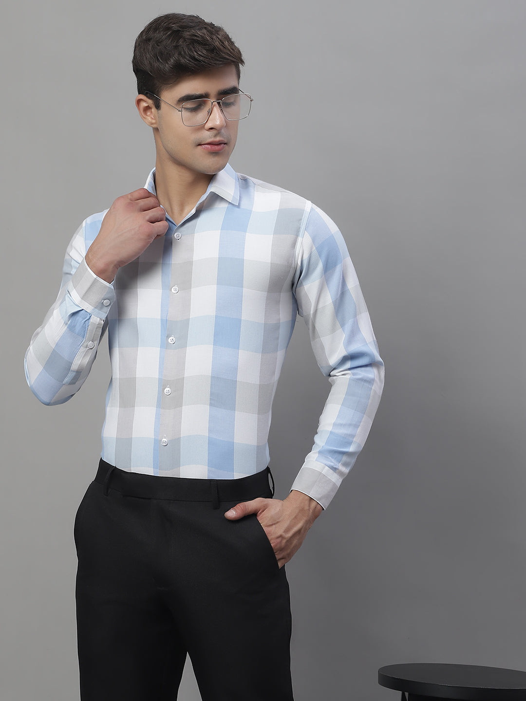 Jainish Men's Pure Cotton Checked Formal Shirts - Blue - Distacart