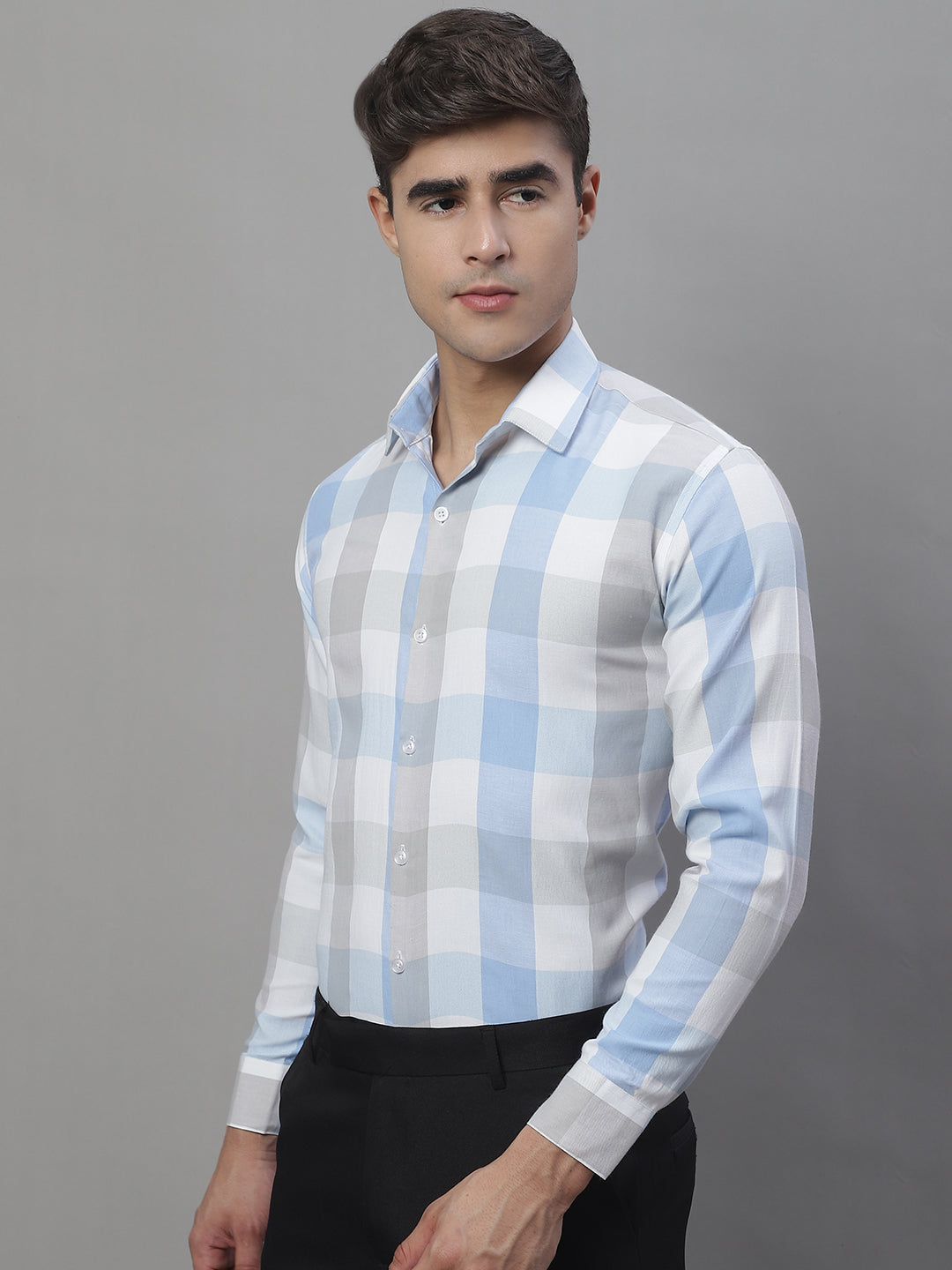 Jainish Men's Pure Cotton Checked Formal Shirts - Blue - Distacart