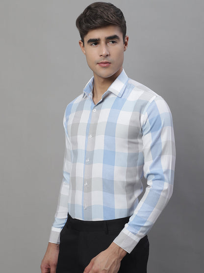 Jainish Men's Pure Cotton Checked Formal Shirts - Blue - Distacart
