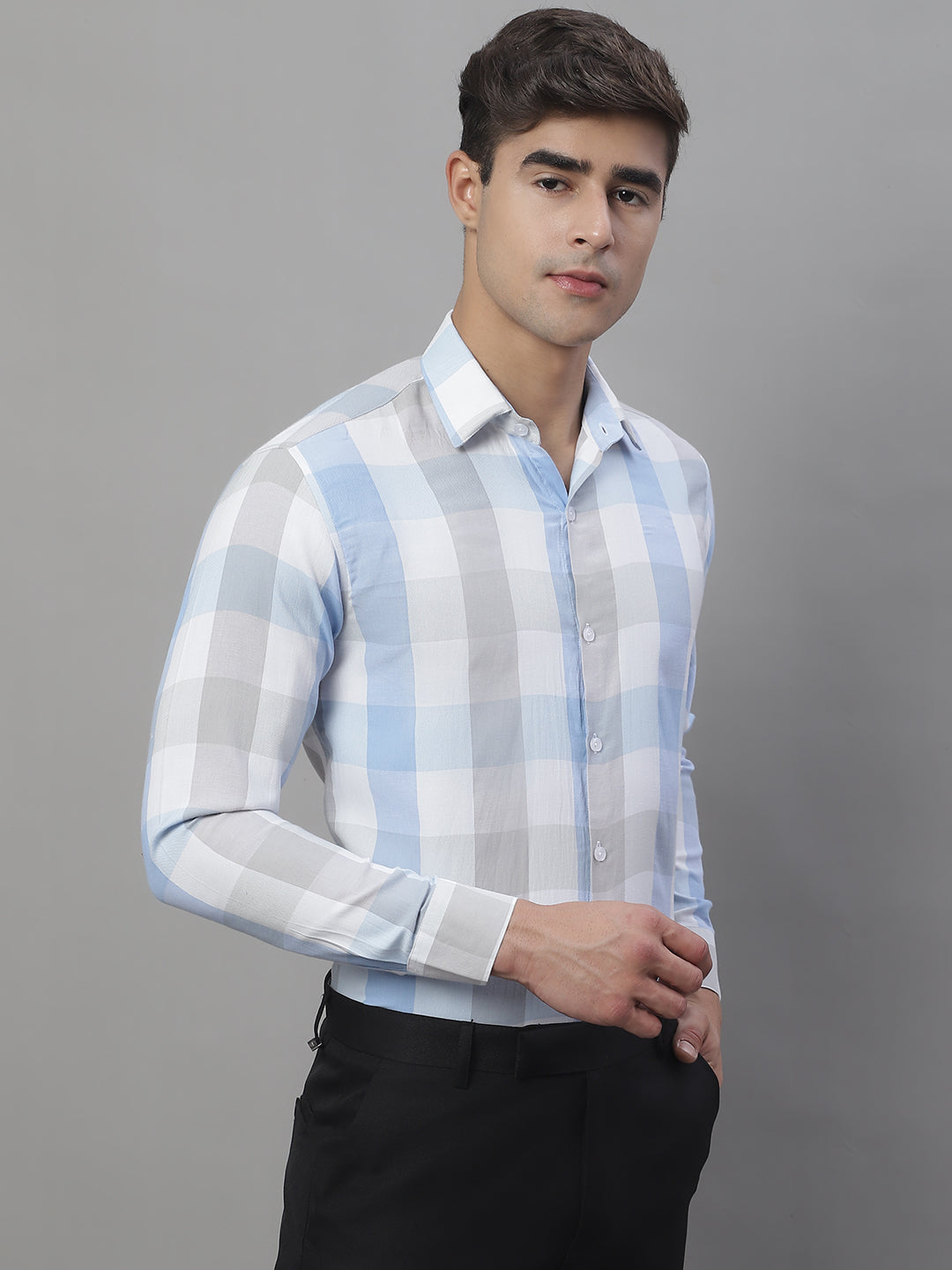 Jainish Men's Pure Cotton Checked Formal Shirts - Blue - Distacart