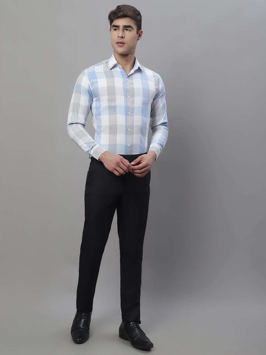 Jainish Men's Pure Cotton Checked Formal Shirts - Blue - Distacart