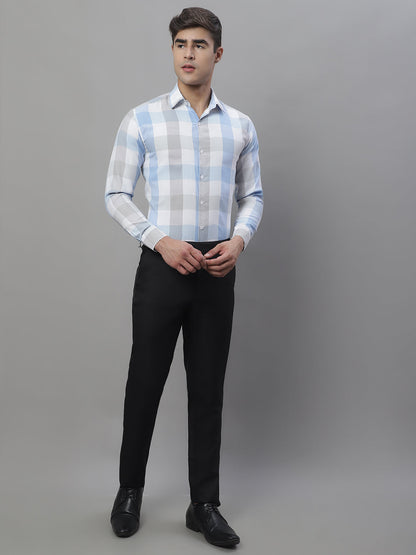 Jainish Men's Pure Cotton Checked Formal Shirts - Blue - Distacart