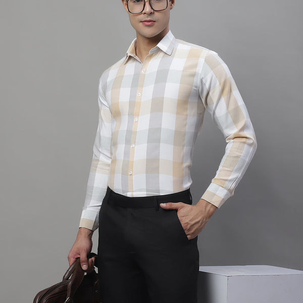 Jainish Men's Pure Cotton Checked Formal Shirts - Cream - Distacart