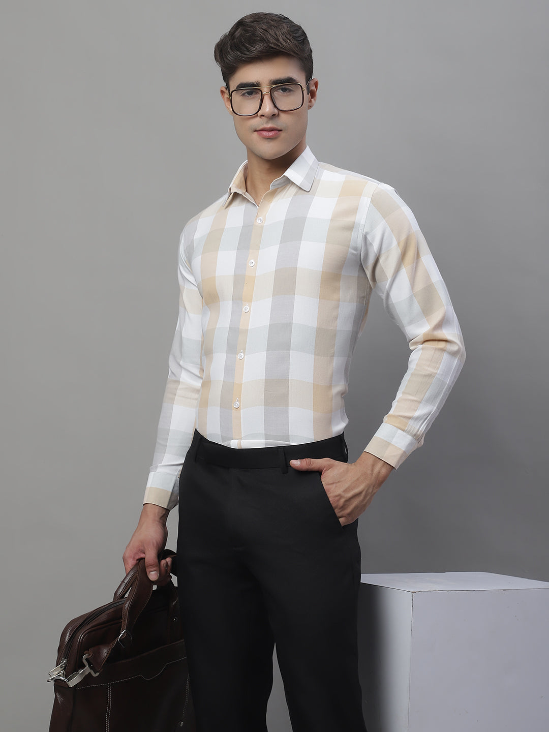 Jainish Men's Pure Cotton Checked Formal Shirts - Cream - Distacart