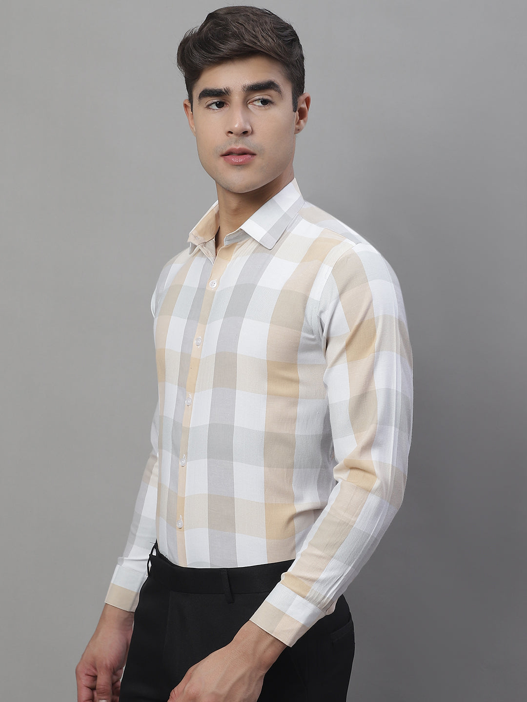 Jainish Men's Pure Cotton Checked Formal Shirts - Cream - Distacart