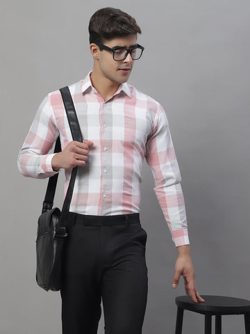 Jainish Men's Pure Cotton Checked Formal Shirts - Pink - Distacart