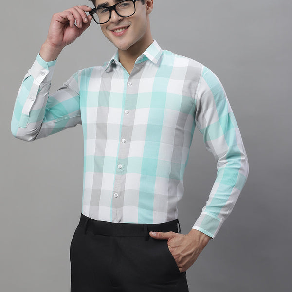 Jainish Men's Pure Cotton Checked Formal Shirts - Sky Blue - Distacart