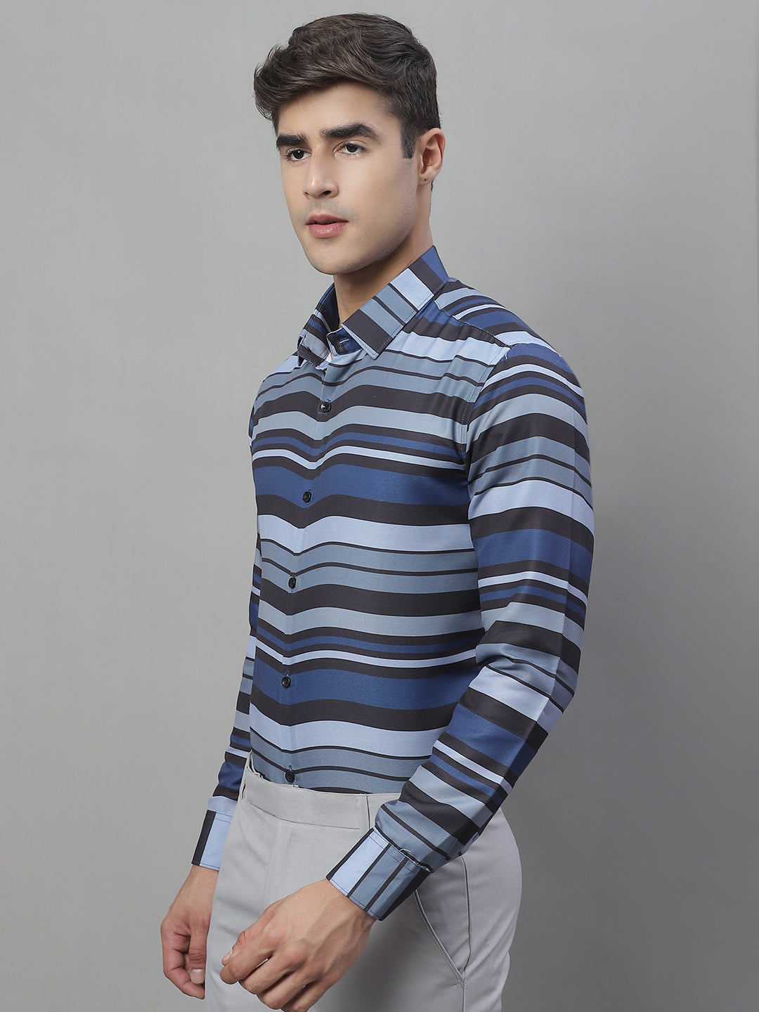 Jainish Men's Grey Classic Striped Formal Shirt - Grey - Distacart